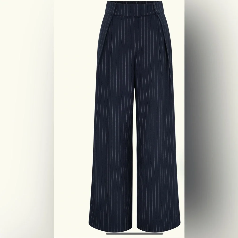 NWT Meshki “Jacqueline” Navy Pinstripe Wide-Leg Pants - Picture 5 of 16